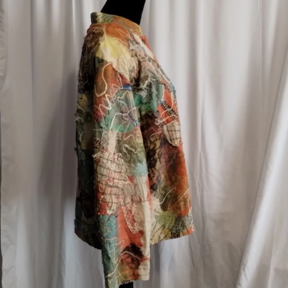 Chico's mandarin button front tapestry patchwork cotton loose fitting jacket top - Picture 4 of 10